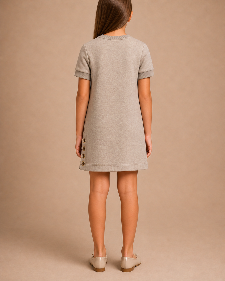 Chloé Kids Beige Short-Sleeve Dress with Logo and Buckle Details Size 10 years