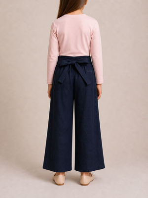 Chloé Kids Navy Linen Trousers with Gold Buckle Details and Back Logo Size 10 years