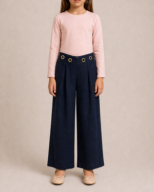 Chloé Kids Navy Linen Trousers with Gold Buckle Details and Back Logo Size 10 years