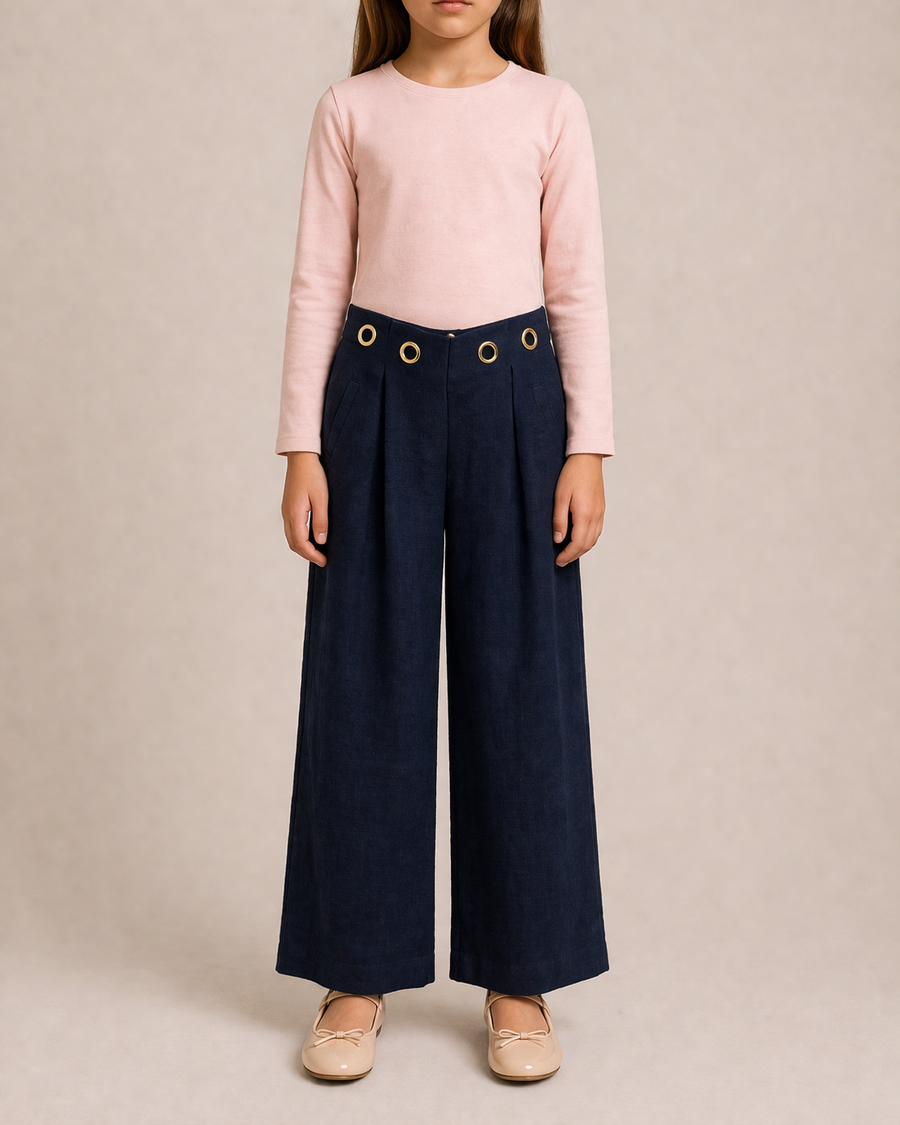 Chloé Kids Navy Linen Trousers with Gold Buckle Details and Back Logo Size 10 years