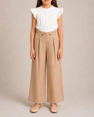 Chloé Kids Beige Linen Trousers with Gold Buckle Details and Back Logo Size 10 years