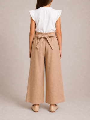 Chloé Kids Beige Linen Trousers with Gold Buckle Details and Back Logo Size 10 years