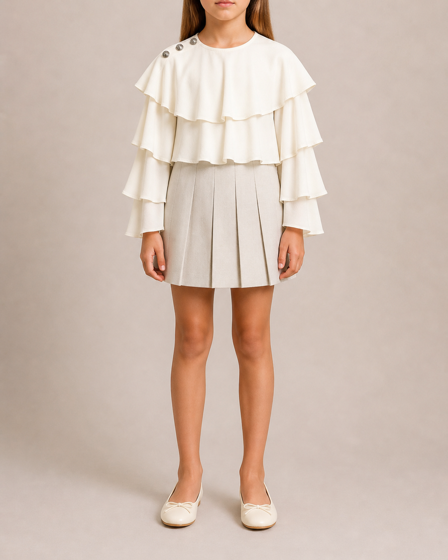 Balmain Kids White Cropped Ruffle Silk Top with Silver Buttons Size 10 years