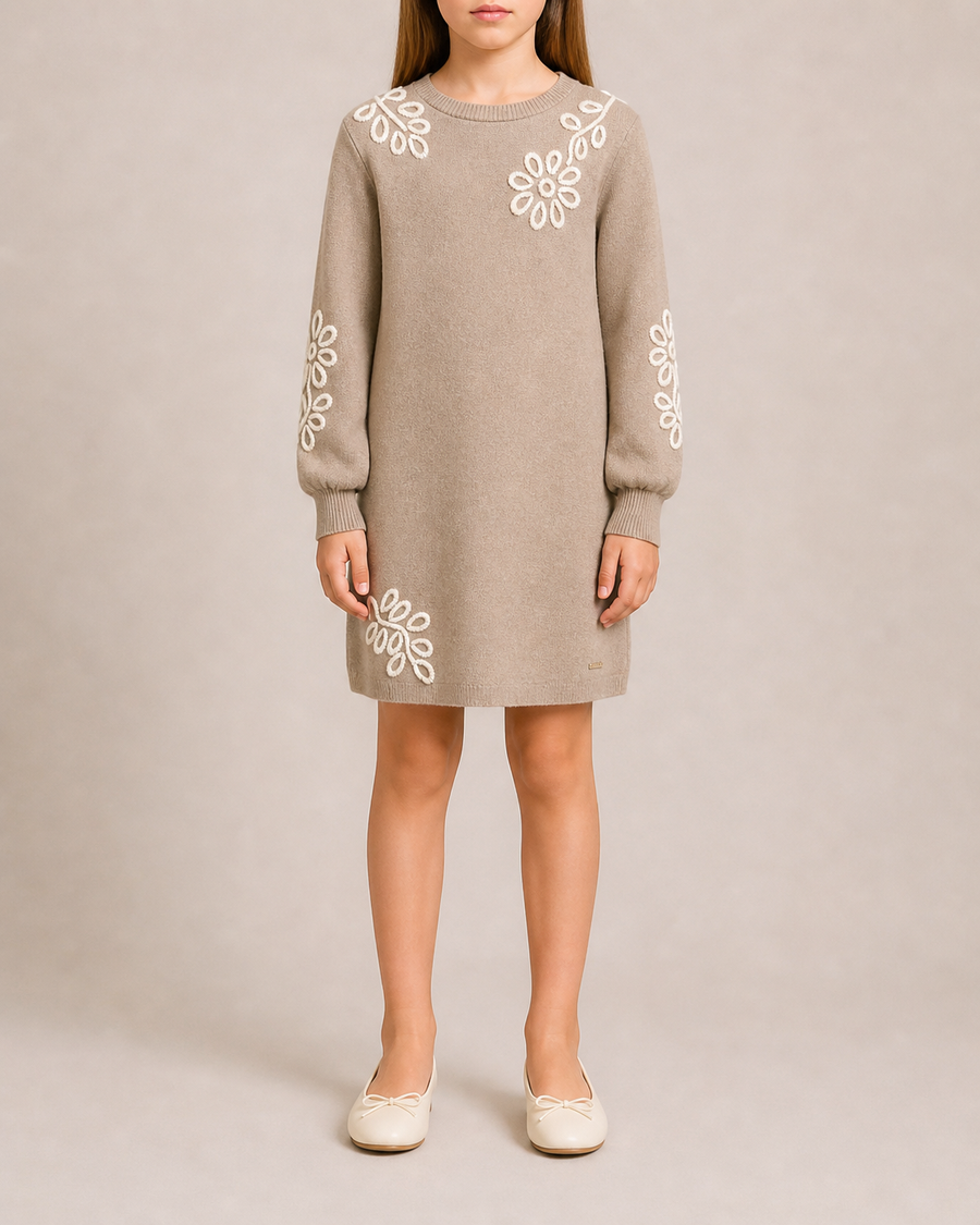 Chloé Kids Beige Knit Dress with White Floral Embroideries and Gold Lo –  Sellier