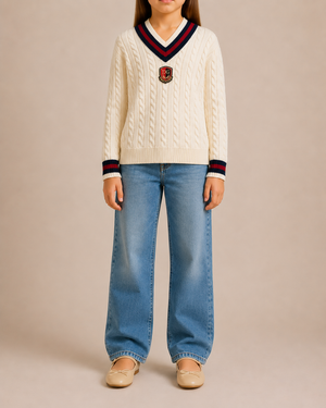 Dolce & Gabbana Kids Cream Wool Cableknit Jumper with Logo Embroidered Patch Size 7/8 years RRP £350&nbsp;