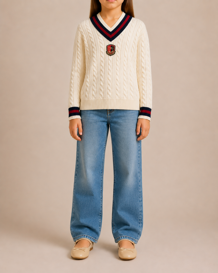 Dolce & Gabbana Kids Cream Wool Cableknit Jumper with Logo Embroidered Patch Size 7/8 years RRP £350&nbsp;