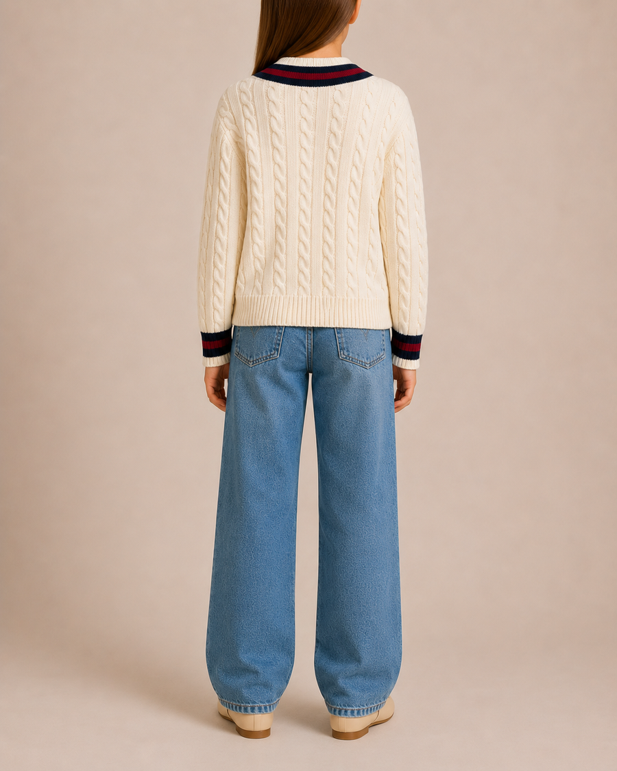 Dolce & Gabbana Kids Cream Wool Cableknit Jumper with Logo Embroidered Patch Size 7/8 years RRP £350&nbsp;