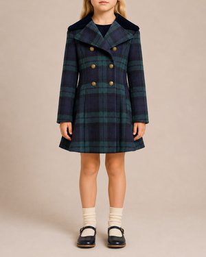 Polo Ralph Lauren Kids Wool Navy and Green Checked Coat with Gold Buttons and Velvet Collar Size 8 years RRP £500