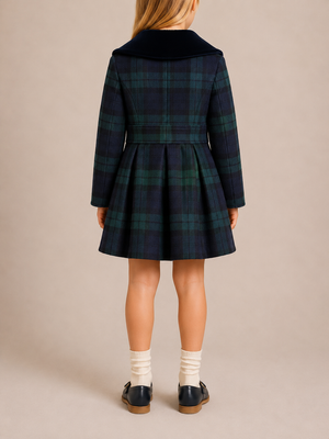 Polo Ralph Lauren Kids Wool Navy and Green Checked Coat with Gold Buttons and Velvet Collar Size 8 years RRP £500