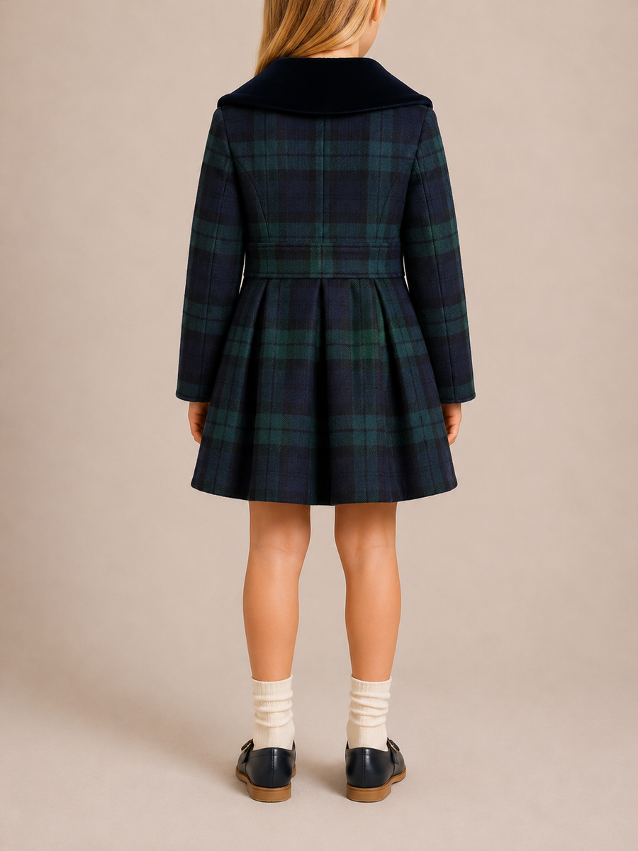 Polo Ralph Lauren Kids Wool Navy and Green Checked Coat with Gold Buttons and Velvet Collar Size 8 years RRP £500