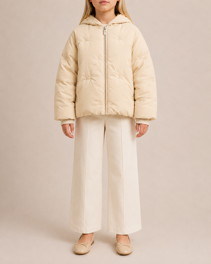 Burberry Kids Cream Puffer Jacket with Embroidered Logos and Belt Size 8 years RRP £650