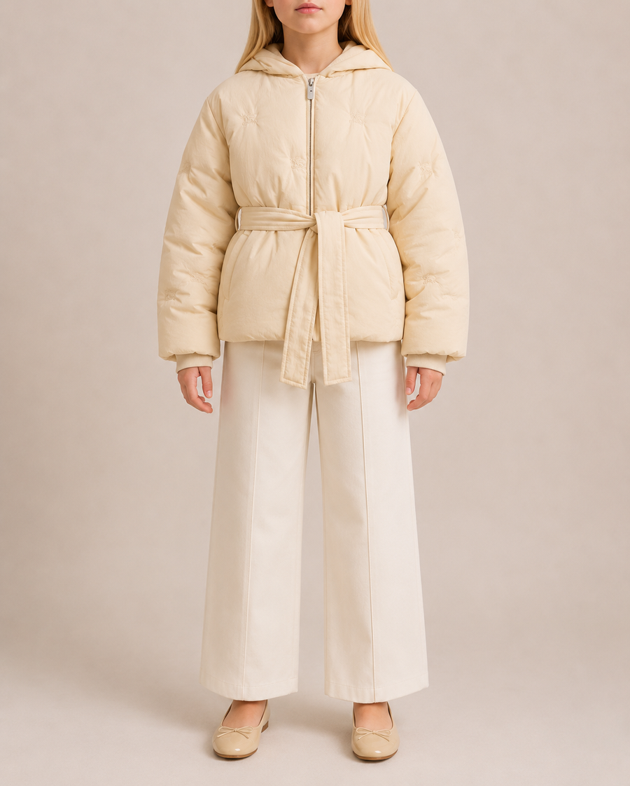 Burberry Kids Cream Puffer Jacket with Embroidered Logos and Belt Size 8 years RRP £650
