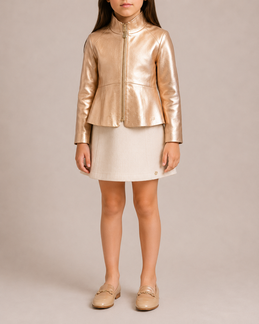 Christian Dior Kids Metallic Gold Leather Jacket with Peplum and Logo Detail Size 10 years RRP £1,200