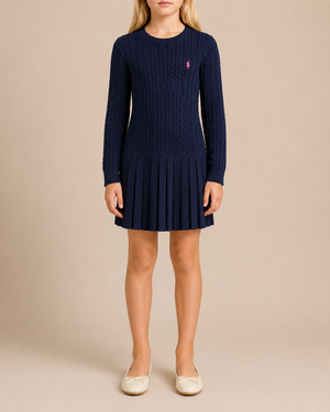 Polo Ralph Lauren Kids Navy Knit Long-Sleeve Dress with Pink Logo Size 8-10 years