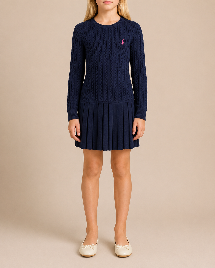 Polo Ralph Lauren Kids Navy Knit Long-Sleeve Dress with Pink Logo Size 8-10 years