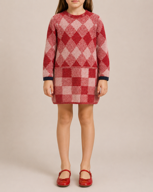 Loro Piana Kids Red Knit Checked Long-Sleeve Dress with Pockets Size 8 years RRP £800