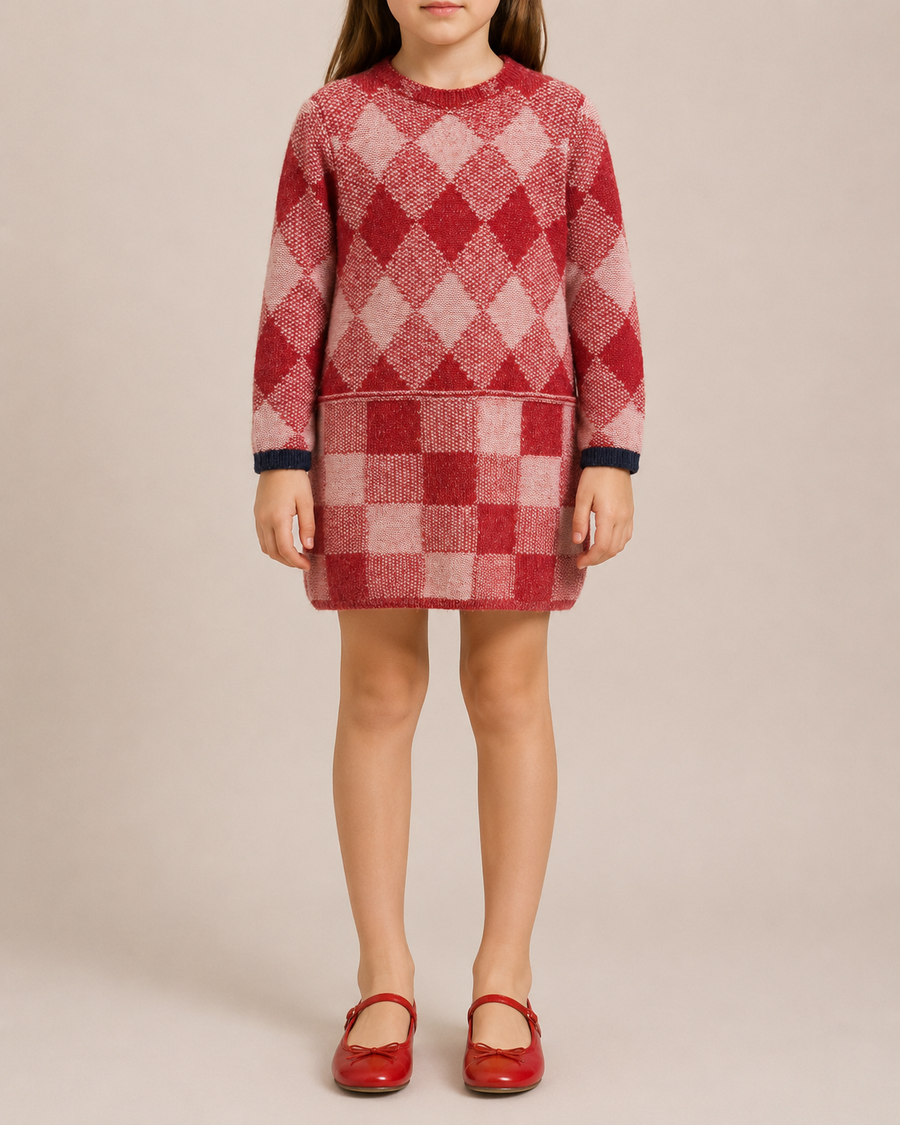 Loro Piana Kids Red Knit Checked Long-Sleeve Dress with Pockets Size 8 years RRP £800