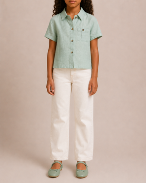 Loro Piana Kids Pastel Green Linen Short-Sleeve Shirt with Back Tie Detail Size 8 years RRP £380
