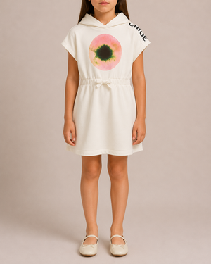 Chloé Kids White Hooded Dress with Pink Eye and Black Logo Print Size 10 years