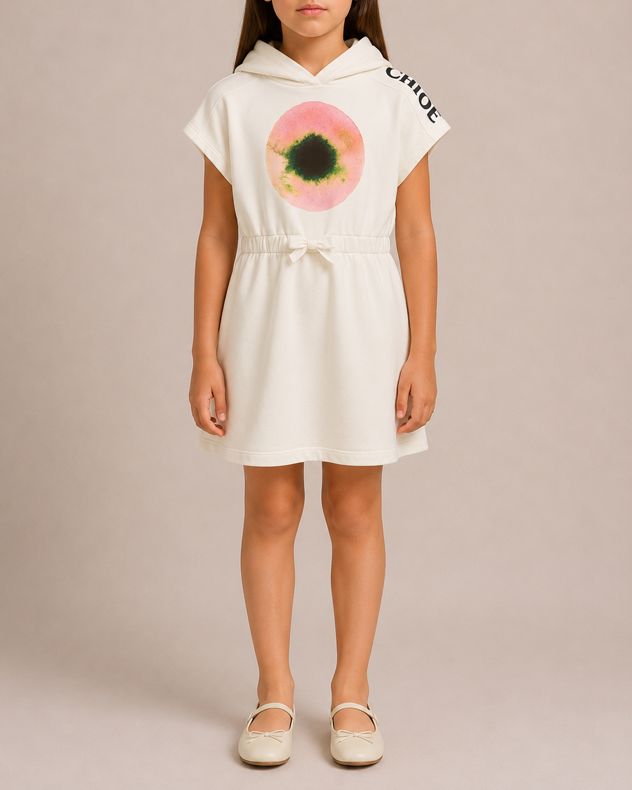 Chloé Kids White Hooded Dress with Pink Eye and Black Logo Print Size 10 years