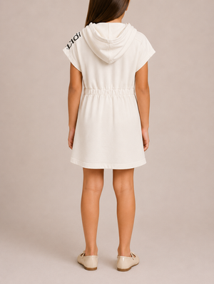 Chloé Kids White Hooded Dress with Pink Eye and Black Logo Print Size 10 years