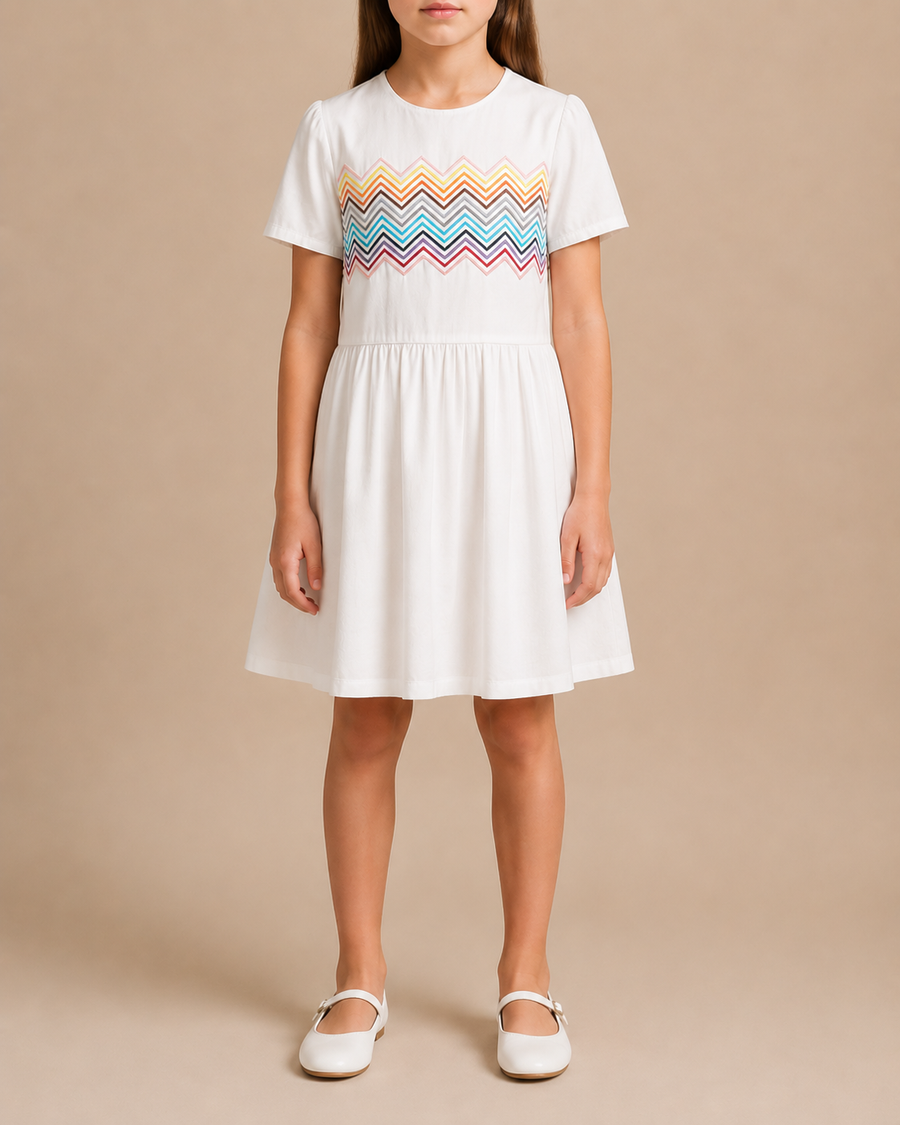 Missoni Kids White Short Sleeves Dress With Multicolour ZigZag and Sequins Details Size 10 years