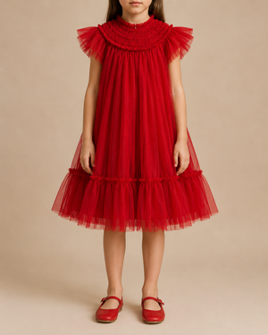 C'era Una Volta Kids Red Ruched Short Sleeve Mesh Dress Size 6 years