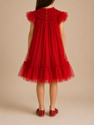 C'era Una Volta Kids Red Ruched Short Sleeve Mesh Dress Size 6 years