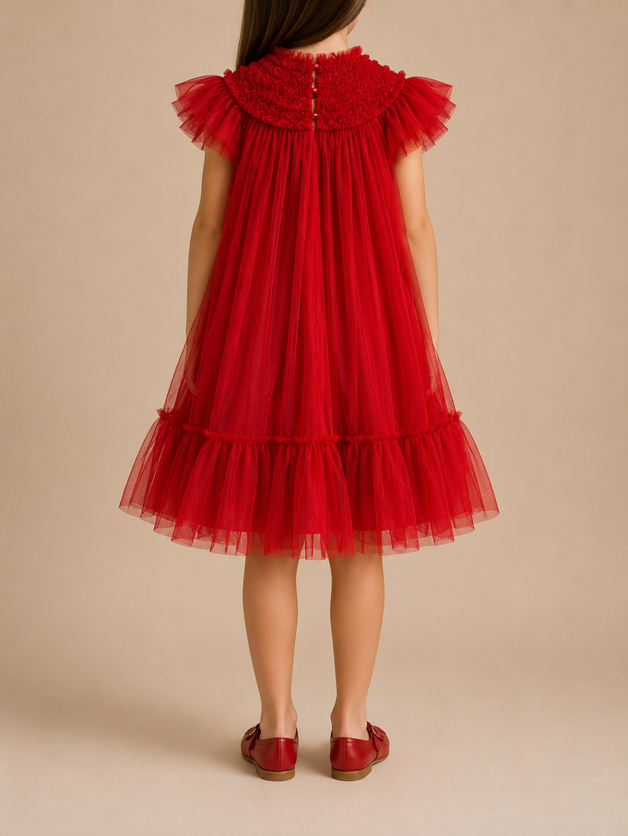 C'era Una Volta Kids Red Ruched Short Sleeve Mesh Dress Size 6 years