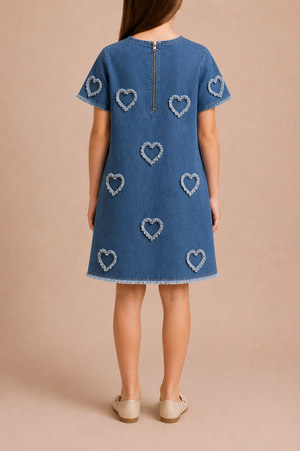 Stella McCartney Kids Light Blue Denim Short Sleeves Dress With Hearts Details Size 10 years