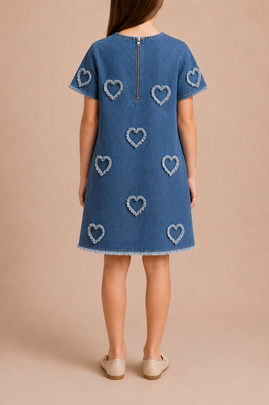 Stella McCartney Kids Light Blue Denim Short Sleeves Dress With Hearts Details Size 10 years