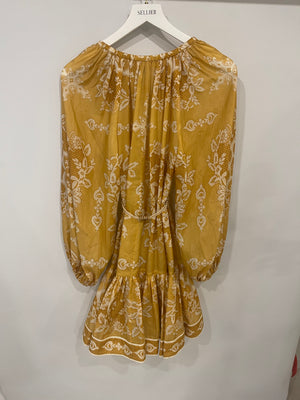 Zimmermann Yellow Silk Mini Raie Dress with White Floral Print and Beaded Belt Detail Size 0 (UK 8) RRP £850
