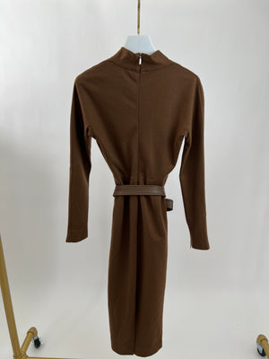 Max Mara Brown Wool V Neck Long Sleeve Midi Dress with Leather Belt Detail  Size UK 6
