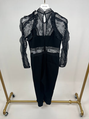 Self Portrait Black Long Sleeve Ruched Lace Jumpsuit Detail IT 46 (UK 14)