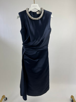 Alexander McQueen Navy Silk Midi Dress with Ruching and Silver Diamante Neck Detail Size IT 38 (UK 6)