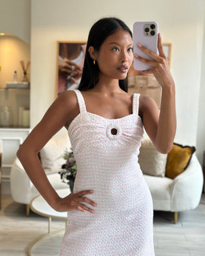 Chanel 19C Pink & White La Pausa Tweed Mini Sleeveless Dress with Crystal Logo Detail Size FR 36 (UK 8)