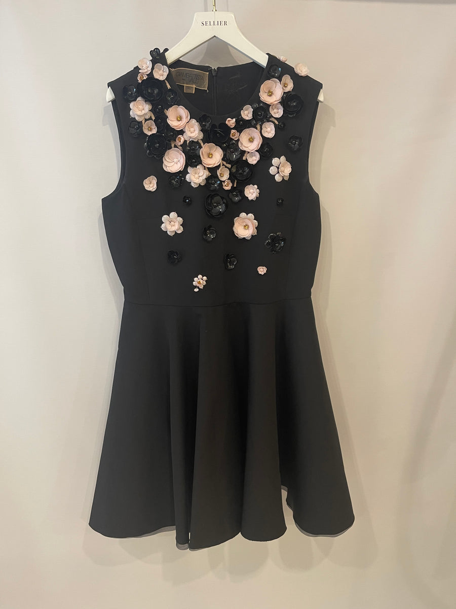 Giambattista Valli Black Silk Sleeveless Dress with Flower Embellishments Size IT 44 (UK 12)