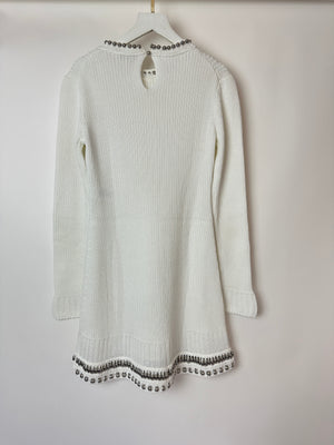 Paco Rabanne White Knitted Long Sleeve Dress with Silver Studs Detail Size M (UK 10)