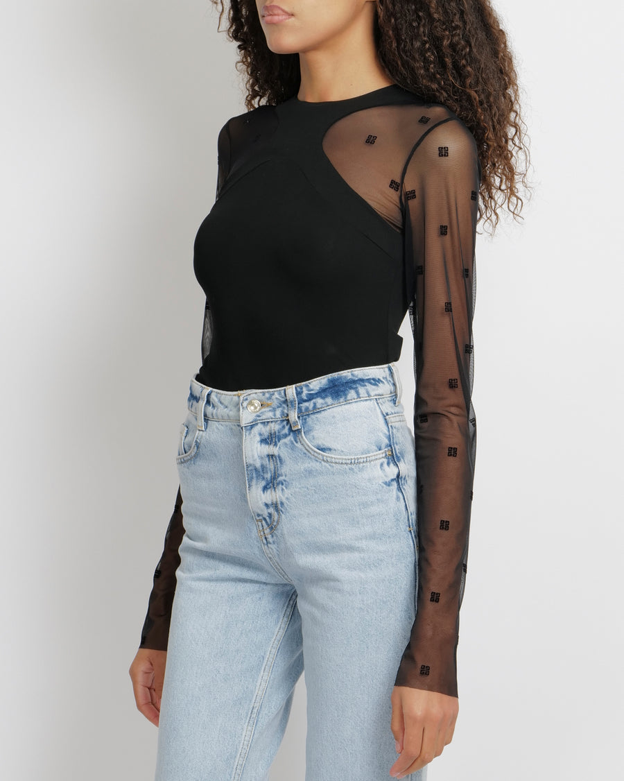 Givenchy Black Bodysuit with Mesh Sleeves with Velvet Logo Prints Size M (UK 10)