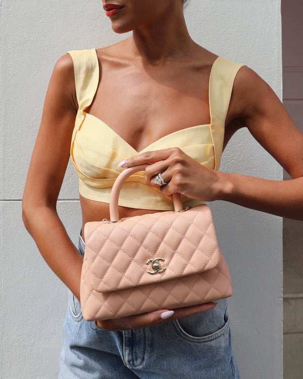 Chanel Small Peach Ice Tea Coco Flap Top Handle Bag in Caviar Quilted Leather with Champagne Gold Hardware