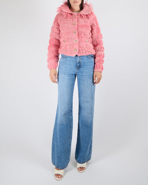 Chanel Fall 2020 Faux Fur Pink Wool Jacket with Fringed Collar and Gold CC Logo Button Details Size FR 36 (UK 8)