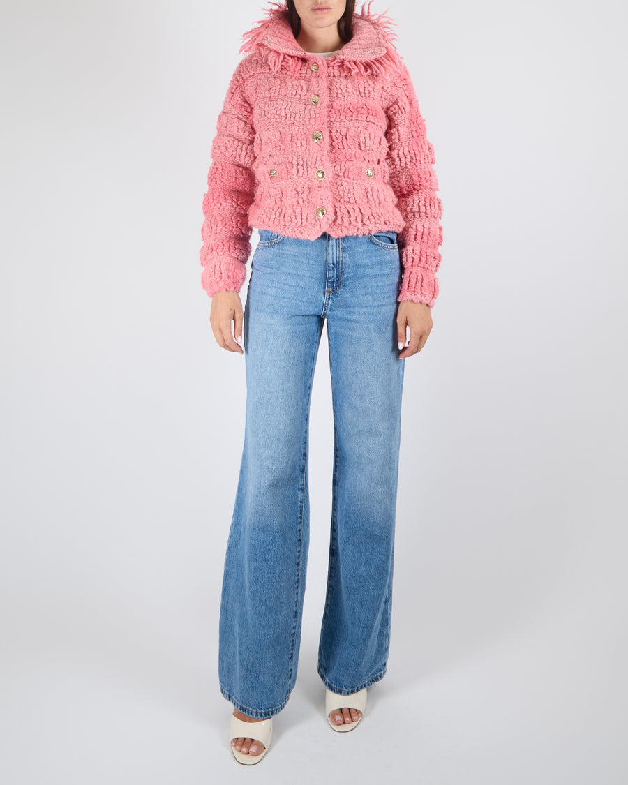 Chanel Fall 2020 Faux Fur Pink Wool Jacket with Fringed Collar and Gold CC Logo Button Details Size FR 36 (UK 8)