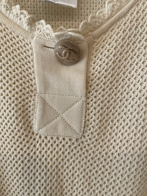 Chanel Cream Knit Sleeveless Mini Dress with Gold CC Logo Detail Size FR 38 (UK 10)
