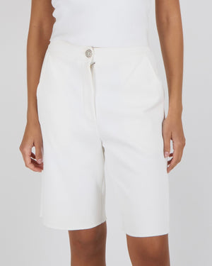 Chanel White Bermuda Shorts with Silver Crystal Embellished CC Logo Button Size FR 36 (UK 8)