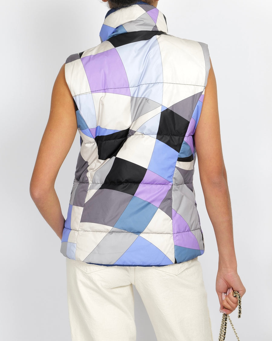 Emilio Pucci Purple and Multi-Colour Reversible Sleeveless Puffer Jacket with Abstract Pattern Size IT 44 (UK 12)