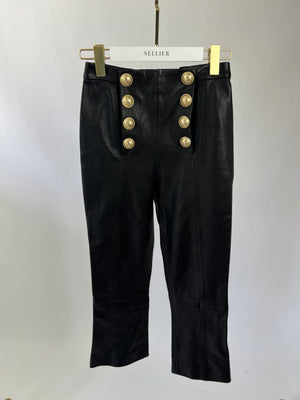 Balmain Black Straight-Leg Leather Trousers with Gold Button Detail Size FR 34 (UK 6)