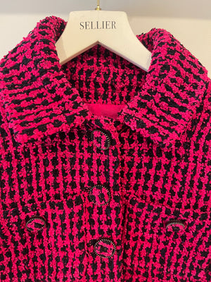 Chanel Fall 2016 Pink and Black Tweed Cropped Jacket with CC Logo Tweed Buttons Size FR 38 (UK 10)