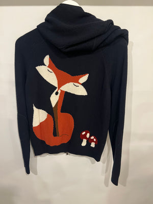 Loro Piana Navy Baby Cashmere Ribbed Long-Sleeved Hooded Gilet with Mushrooms and Fox Print Size IT 40 (UK 8)