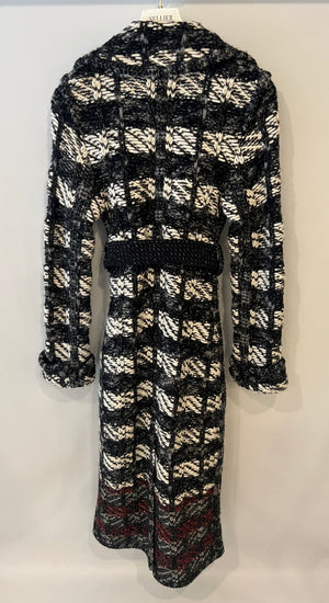 Chanel Grey and White Wool Long Knitted Coat with CC Belt and "Gabrielle Coco" Embroidery with Logo Buttons Size FR 34 (UK 6)