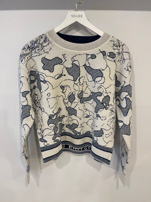 Christian Dior Blue and White Around the World Cashmere Jumper with Embroidery and Logo Band Size FR 36 (UK 8)